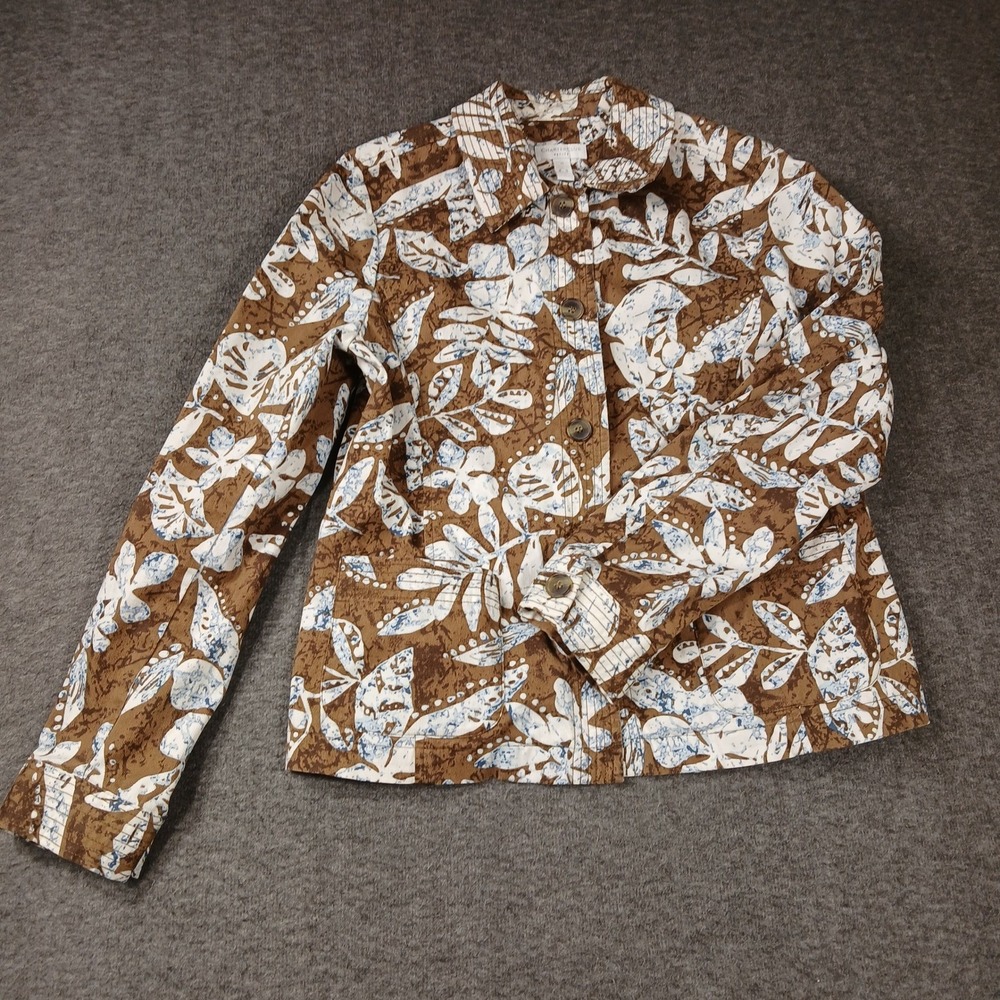 Charter Club Jacket Womens Medium Petite Brown Tropical Leaf Button Down EUC